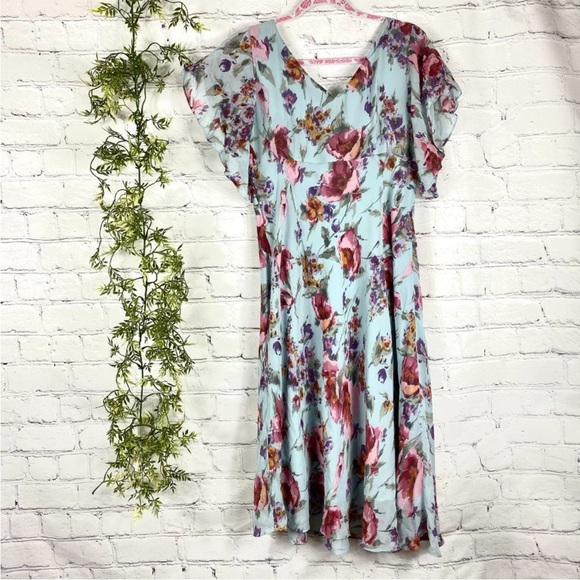 Adrianna Papell Blue Floral A-Line Silk Dress 14 - Picture 1 of 8